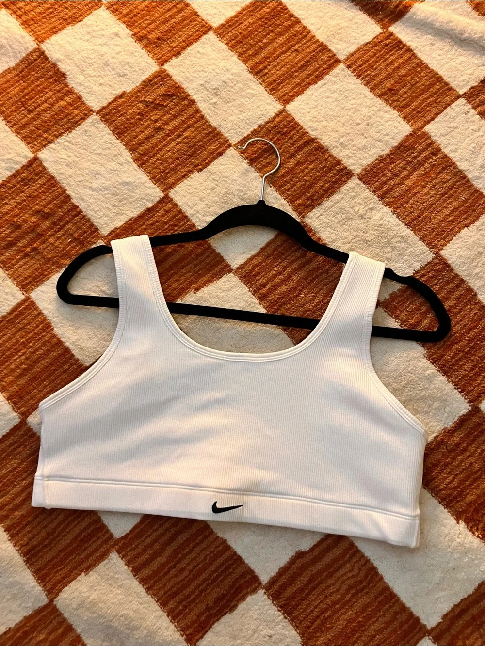 Nike White Ribbed Scoop Sports Bra with Black Swoosh